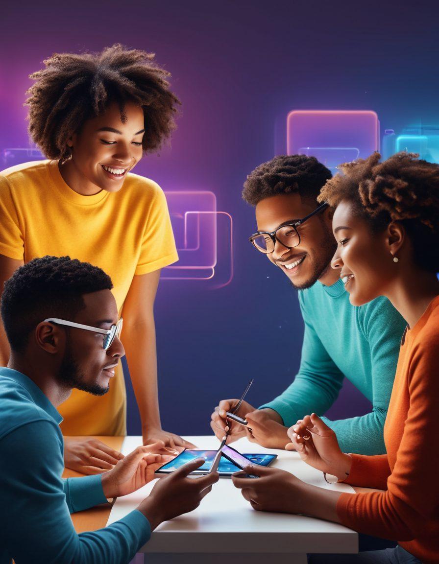 A visually striking scene featuring a diverse group of users interacting with various innovative tech applications on their devices. Each user's expression showcases a range of emotions, from joy to awe, highlighting the emotional impact of technology. Soft glowing interfaces and immersive backgrounds illustrate the advancements in user experience, creating a vibrant atmosphere. Incorporate a blend of warm and cool colors to reflect the emotional spectrum. 3D illustration. vibrant colors.