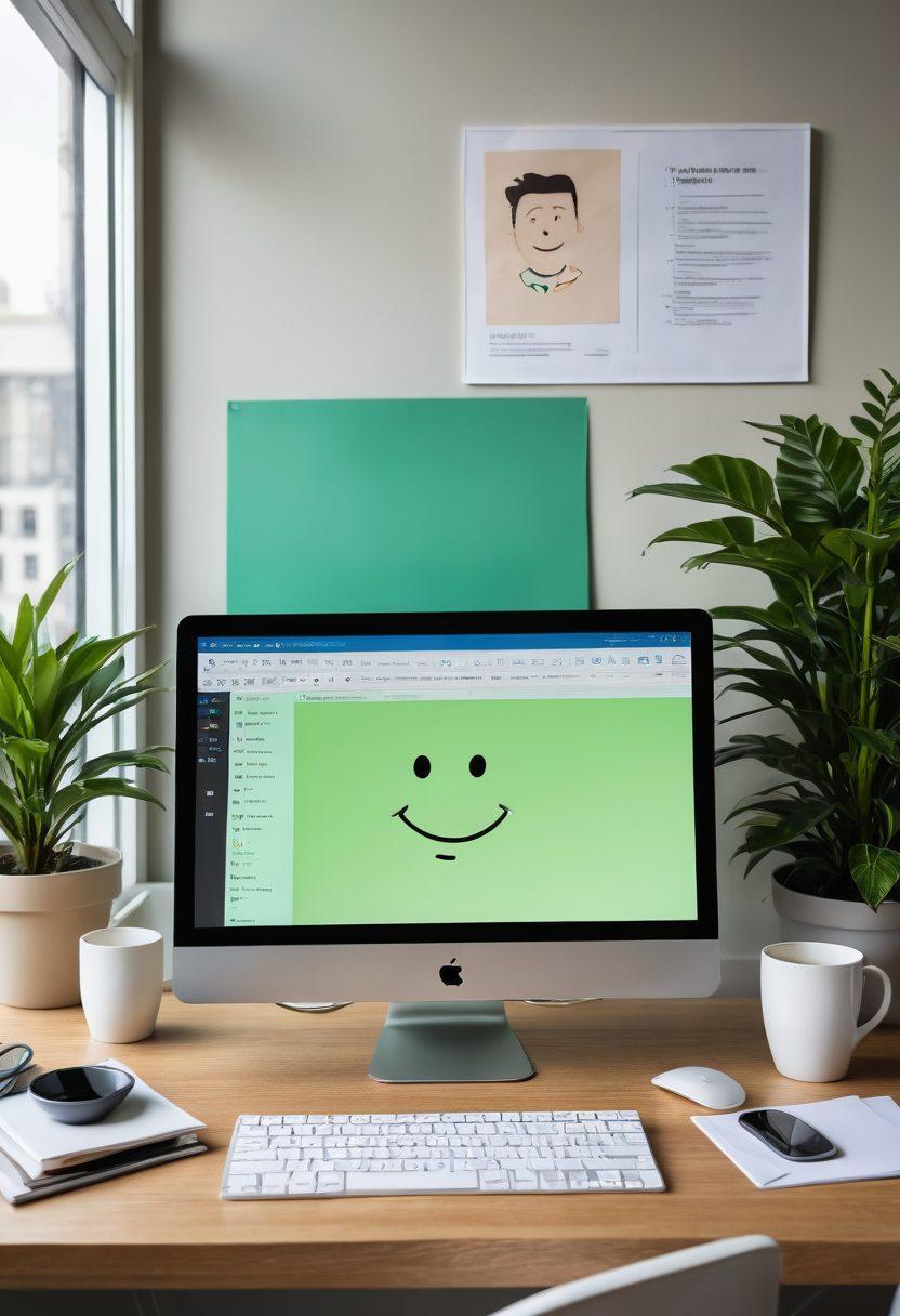 A modern workspace featuring a computer screen displaying a user-friendly job application software interface, surrounded by visual elements representing various emotions (happy, anxious, confused). The background showcases a subtle blend of technology and personal touch, like a cup of coffee and a plant. Soft glowing icons of communication and support float around, symbolizing emotional navigation. The overall color palette is warm and inviting, conveying a sense of comfort and hope. digital art. vibrant colors.